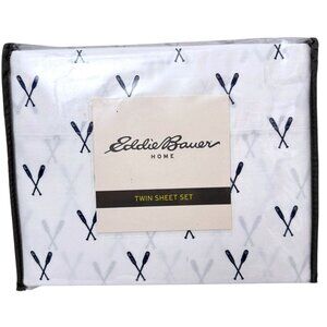 Eddie Bauer Twin Sheet Set Navy Blue Oars Nautical Print 100% Cotton Percale NWT